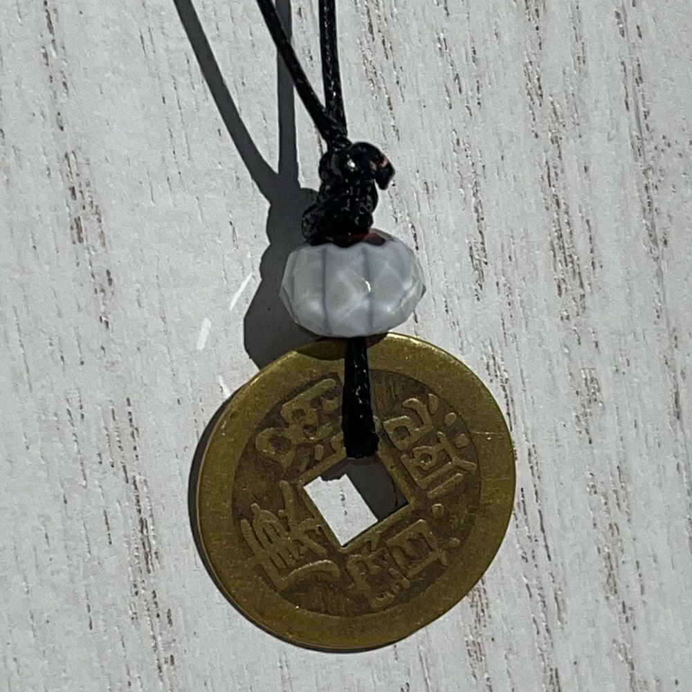 HANDMADE CASH COIN AND WHITE BEAD BLACK CORD NECKLACE - Picture 2 of 7